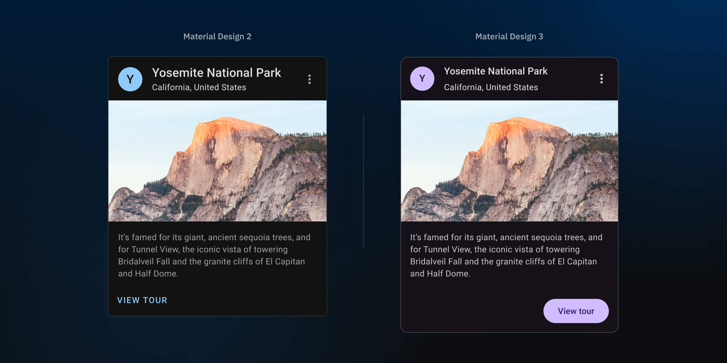 Side-to-side comparison of a Card component using Material Design 2 and 3, respectively.